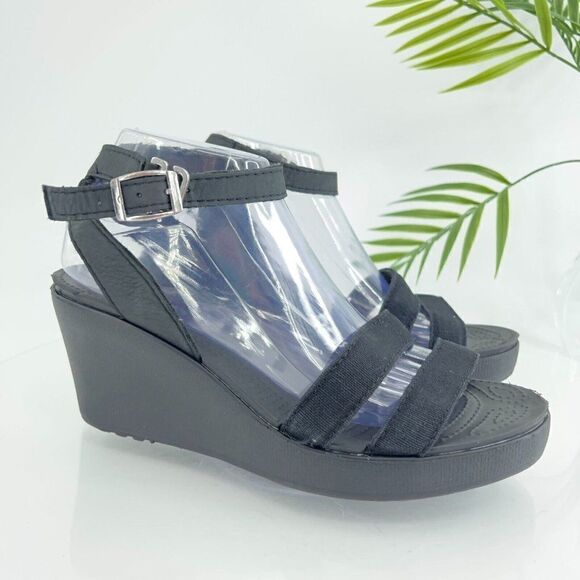 Crocs Women's Leigh Sandal Size 10 Ankle Strap Wedge Black Canvas Shoes - Picture 1 of 16